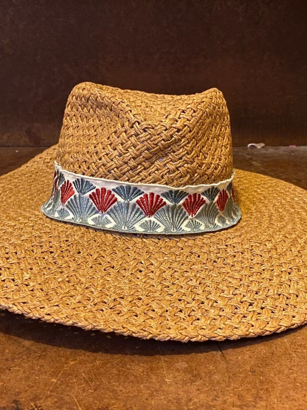 Molly Pepper Phoenix Straw Hat Fan Pattern Embroidered Headband Wicker Rattan